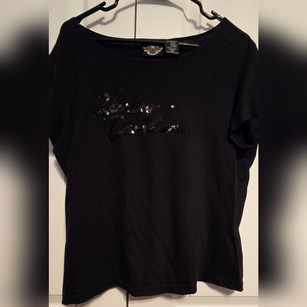 Harley-Davidson Black Sequin Short Sleeve Tee, XL